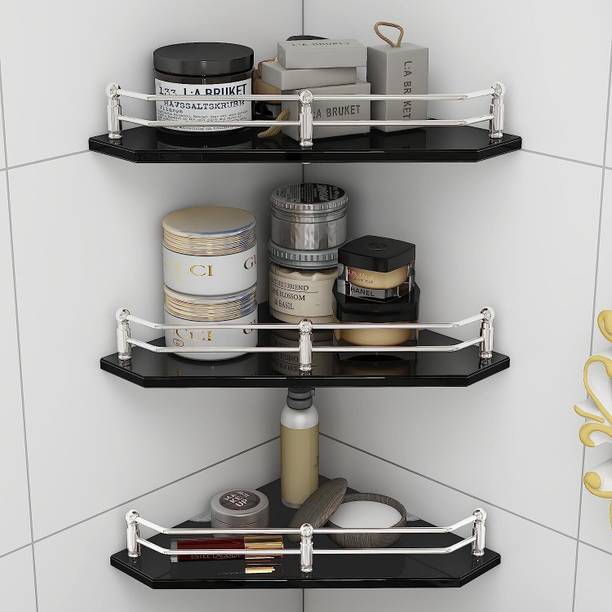 Plantex Premium Diamond Black Glass Corner Shelf for Bathroom/Kitchen Shelf/Bathroom Accessories (9x9 Inches) Glass Wall Shelf