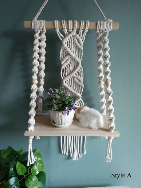 Aain Macrame New wall Decoration Hangers|WSH178 Wooden Wall Shelf
