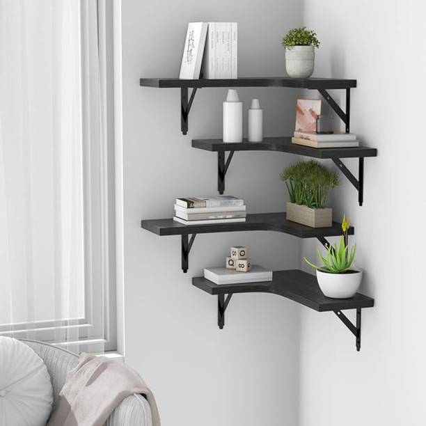 METALSWOOD Modern Wooden Corner Shelf–5 Tier Floating Rack for Livingroom, Bedroom, Kitchen Iron, Wooden Wall Shelf
