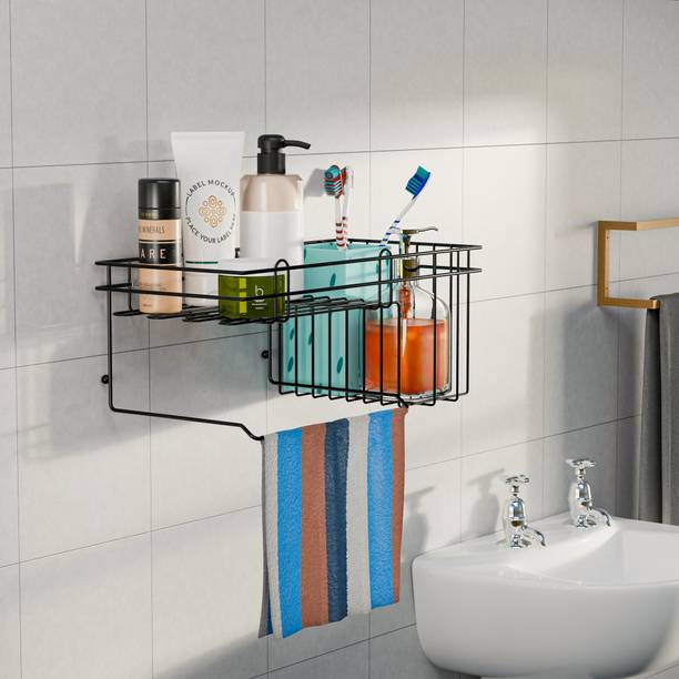 KUBER INDUSTRIES Metal Self-Adhesive Shower Caddy for Bathroom Hanging with Shampoo | Black Iron Wall Shelf
