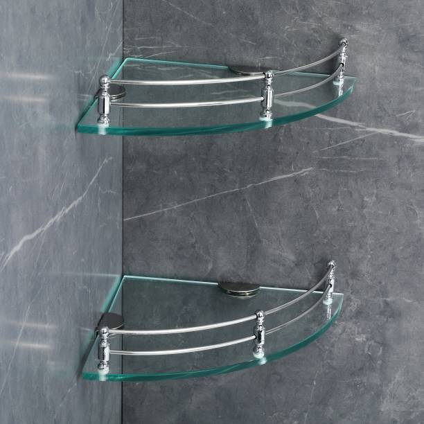 Garbnoire Multipurpose Glass Corner Shelf for Bathroom - 9 x 9 inch Wall Mount Shelf Glass, Stainless Steel Wall Shelf