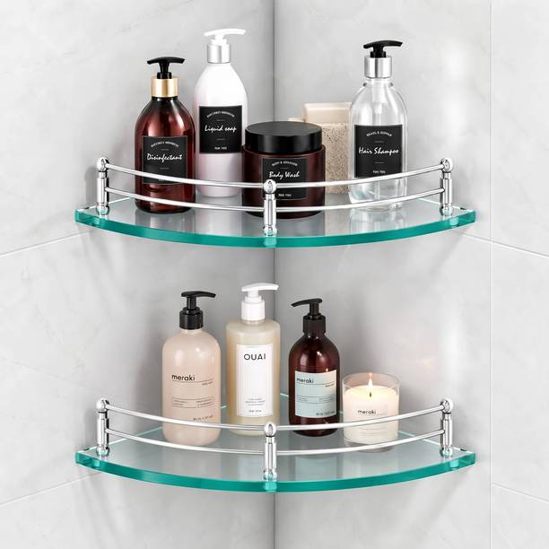 Inficore Glass Corner Shelf 7.5 Inch Pack of 2 | Chrome Bracket Glass Wall Shelf