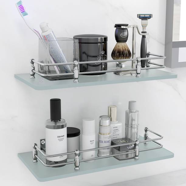 Garbnoire Multi-Purpose Wall Hung (Frosted) Glass Front Bathroom Shelf with Wall Brackets Storage Holder, 12 x 6 -inch - Pack of (2) Glass, Stainless Steel Wall Shelf