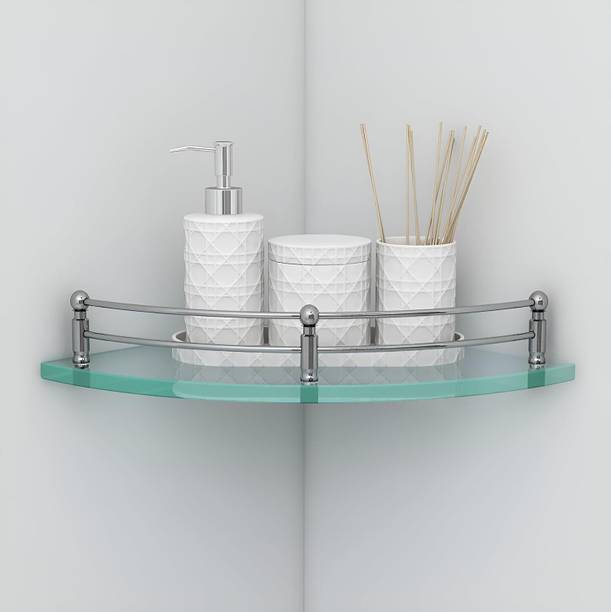 DEVYM IMPAX Glass Corner/Bathroom/Kitchen Shelf -9 X 9 Inches -Glossy -Wall Mount Glass, Stainless Steel Wall Shelf