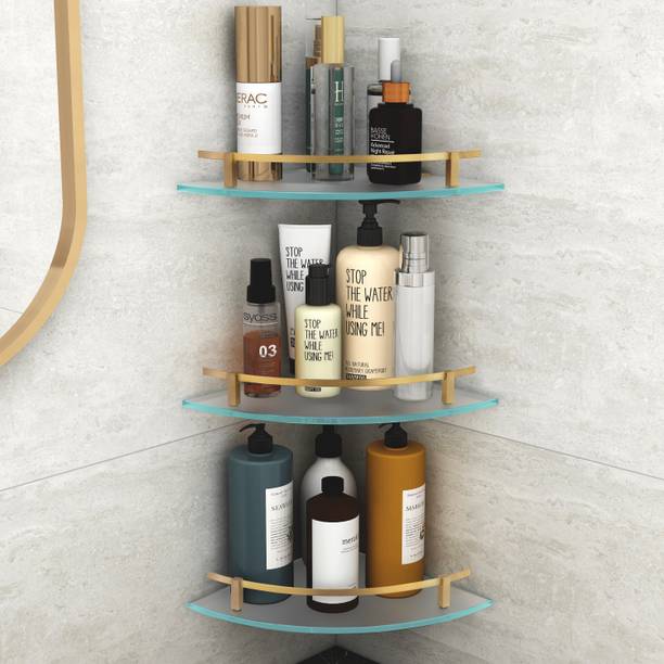 Plantex Premium Frosted Glass Corner/Shelf for Bathroom/Storage Shelf (9x9 Inches) (BA) Brass, Glass Wall Shelf