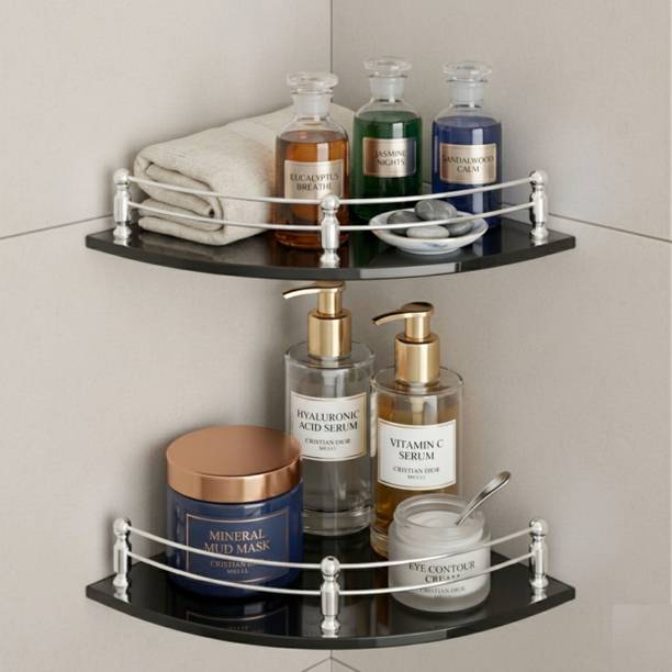 MOTIQO MOTIQO Black Glass Corner Shelf for Bathroom & Kitchen, Wall Mount Glass Shelves Glass Wall Shelf