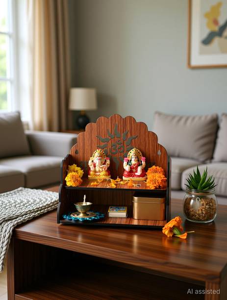 Gojeeva Premium Subh Labh Om Carved Pattern Devghar, Wooden Mandir Temple(DIY) Wooden Wall Shelf