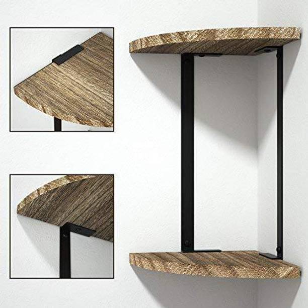 Indian Decor 2851237 Corner Shelf 2-Tier Wall Mount Floating Shelves, Rustic MDF Wood Stainless Steel Wall Shelf