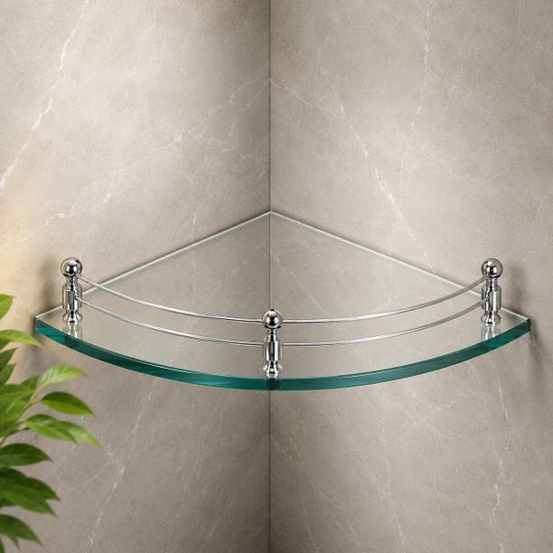 Auraview Transparent Tempered Glass Wall Mount Corner Shelf – 9x9 Inch Glass, Stainless Steel Wall Shelf