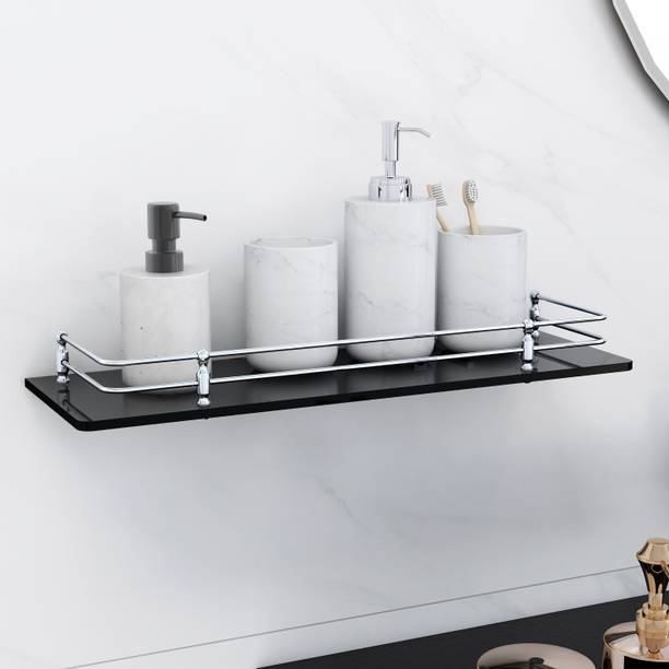 Garbnoire Multipurpose Wall Hung Glass Front Bathroom Shelf with Wall Brackets Storage Glass, Stainless Steel Wall Shelf