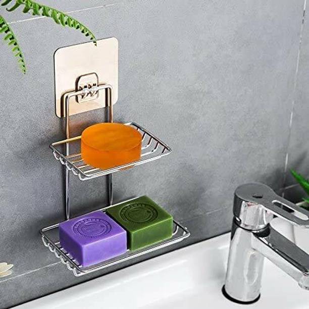 krenz Wall Mounted Magic Sticker Stainless Steel Soap Dish Storage Organizer Holder Self-adhesive Waterproof Kitchen Bathroom Soaps Wall Rack Stand For Washbasin No Drill Space Saver Soap Holder Self For Home (Double-layer) (Silver)