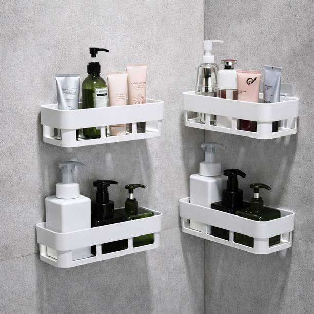 HATMEET PACK OF 4 Plastic Rack Stand Bathroom Wall Mounted Rack Self Shelves Plastic Wall Shelf