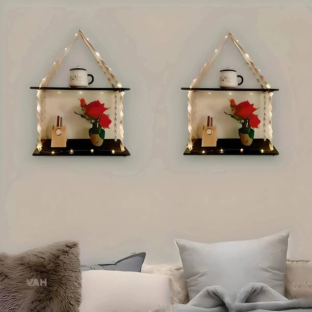 RAKANO Wood Macrema Knotting Rope 2 tier Wall hanging Wall shelf With LED light Wooden Wall Shelf
