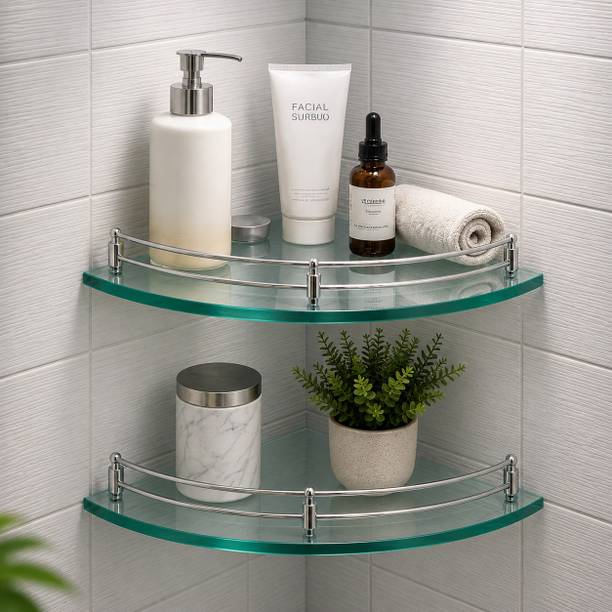 Garbnoire Multipurpose Glass Corner Shelf for Bathroom - 9 x 9 inch Wall Mount Shelf Glass, Stainless Steel Wall Shelf