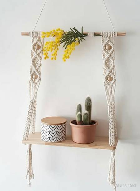 THE TOP KNOTT Macramé wall Hanging Shelf Floating Wood Shelf wood Hanging Handmede Wooden Wall Shelf