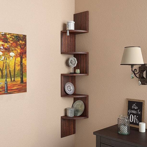 TheNextStore  Zigzag Shelf | Corner Wall Shelf | Corner Rack | Corner Shelf For Living Room | Corner Shelf For Room | Corner Rack For Wall | Corner Shelf For Office Wooden Wall Shelf (Number of Shelves - 5, Black) MDF (Medium Density Fiber) Wall Shelf MDF (Medium Density Fiber) Wall Shelf