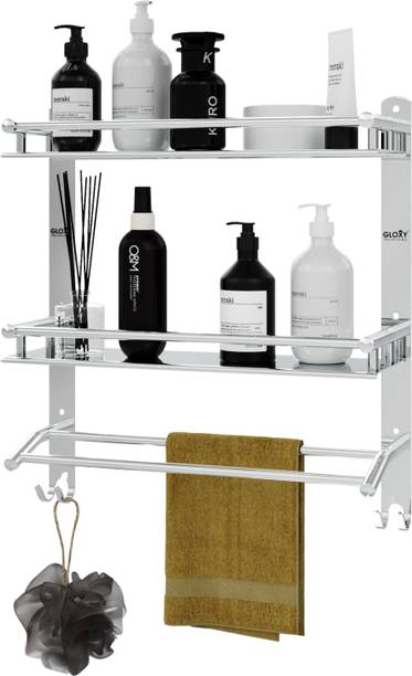 GLOXY Multipurpose Bathroom & Double Dish&Tumbler&Soap&Tooth Brush Holde Stainless Steel Wall Shelf