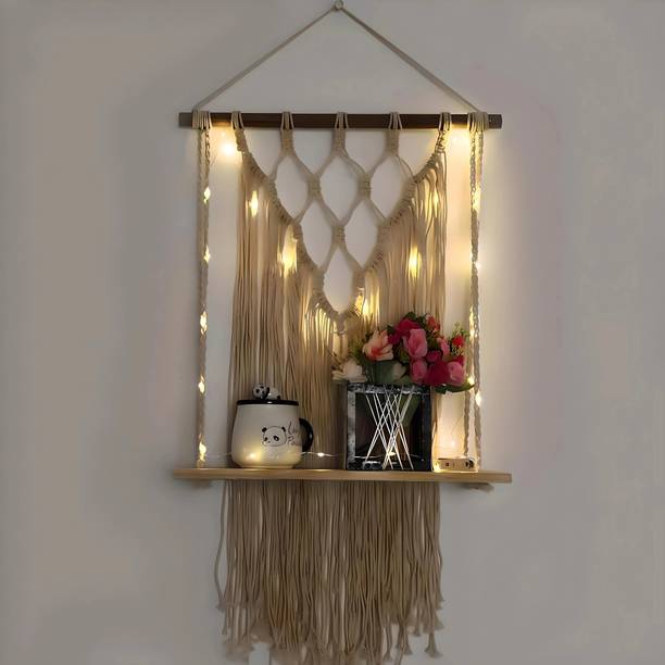 VAH Macrame Wall Hanging Shelf, Set of 1 Wood Floating Shelves -Wood Hanging Shelf Bohemian With LED Light Wooden Wall Shelf