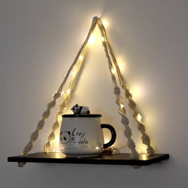 VAH Black Knotting Wood Rope Wall Hanging Shelf, Floating Shelves (45*45cm) Wooden Wall Shelf