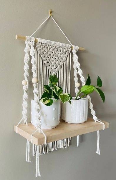 Eco Friendly Craft Macrame Wall Hanging Shelf Wood Floating Shelves Planter Rack Wooden Wall Shelf