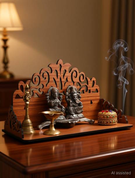 Gojeeva Premium Unique Carved Pattern Devghar, Set-Top Box Stand Wooden Mandir Temple Wooden Wall Shelf