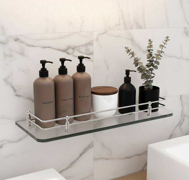 Auraview Transparent Square Bathroom Glass Shelf– 6 × 12 Inch, Single-Tier Storage Glass, Stainless Steel Wall Shelf
