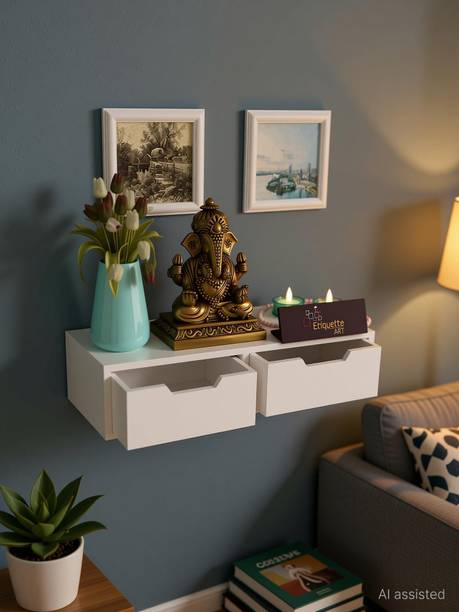 Ereteken ART Wall Mounted Hanging Puja Temple Shelf with Drawer MDF (Medium Density Fiber) Wall Shelf