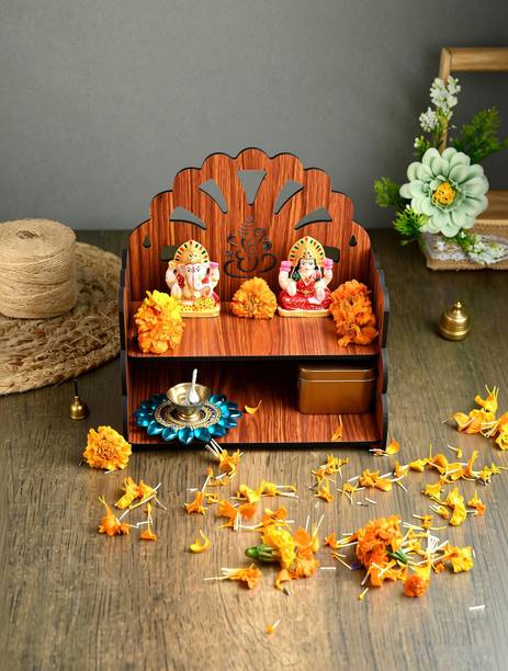 Gojeeva Premium Ganesh Ji Carved Pattern Devghar, Set-Top Box Stand Wooden Mandir Temple Wooden Wall Shelf