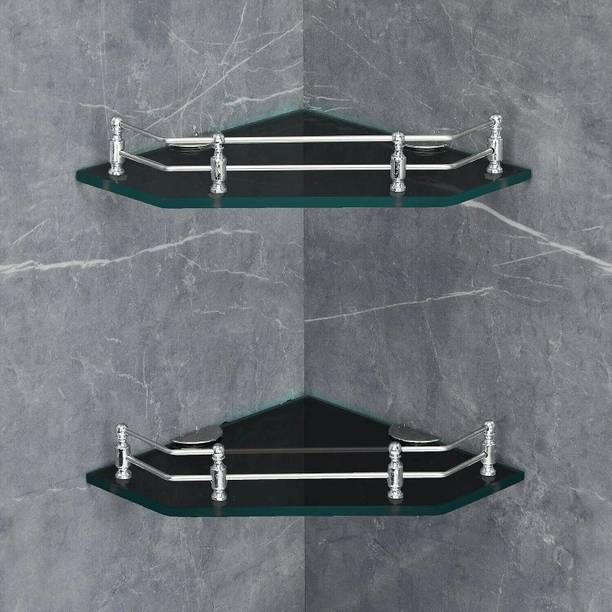 FORTUNE Diamond Corner Shelf, Kitchen Shelve,Bathroom Accessories(9 x 9 Inch)(Pack of 2) Glass, Stainless Steel Wall Shelf