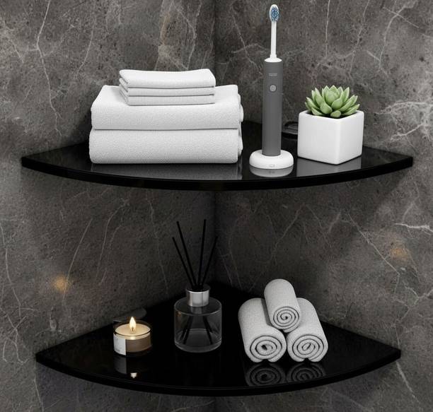 Auraview Glass Corner Shelf Round 12x12 Shelf 2 Black Glass, Stainless Steel Wall Shelf