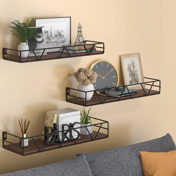 Scyza Artiz Solid Wood Wall Mounted Shelves Pack Of 3. Iron & Wood Mix Shelves For Home. Cast Iron Wall Shelf