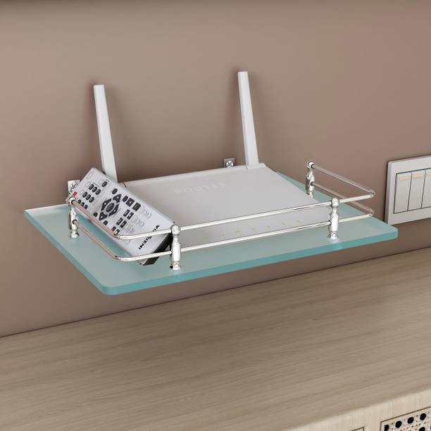 Garbnoire TV Set Top Box Stand/WiFi Router Stand with Heavy Wall Mount Brackets-12X9 Inch Glass, Stainless Steel Wall Shelf