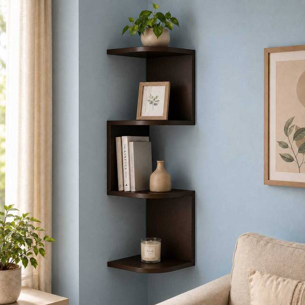 SSCRAFTSHOUSE Wooden S Shape Corner Wall Shelf | 3 Tier Floating Wall Mounted Shelf MDF (Medium Density Fiber) Wall Shelf