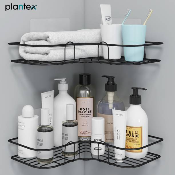Plantex Self-Adhesive GI Wall Mounted Bathroom Corner/Rack/Storage Organizer (Pack of 2) Steel Wall Shelf