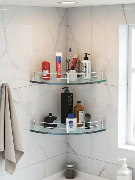 RGFASHION Glass Corner/Bathroom/Kitchen Shelf -9 X 9 Inches -Glossy -Wall Mount Glass, Steel Wall Shelf
