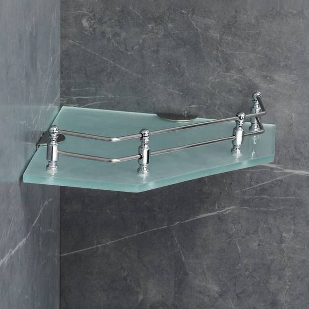 FORTUNE Frosted Glass Bathroom Corner Shelf/Kitchen Shelves (Diamond) (9 x 9 Inch) Glass, Stainless Steel Wall Shelf