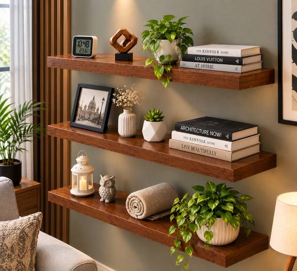 RGGROUP Wooden Floating Wall Shelf Set of 3 MDF Display Shelves for Home Decor Brown MDF (Medium Density Fiber) Wall Shelf