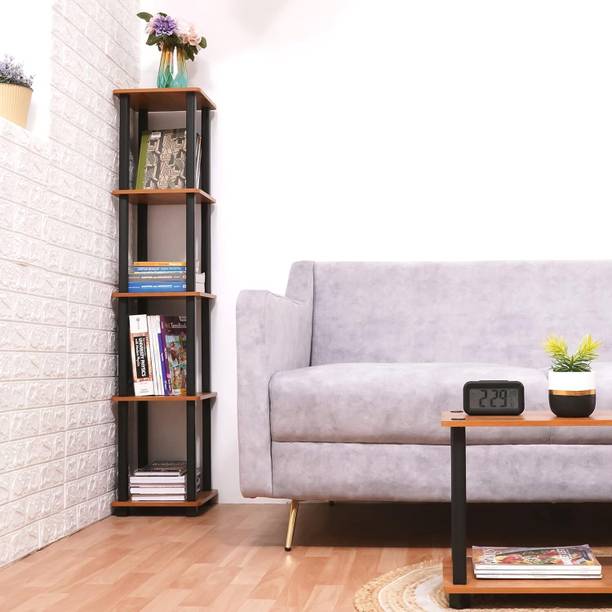 Livzing Turn N Tube 5 Tier Wooden Bookshelves - Corner shelf with Plastic Frame – Brown Wooden Wall Shelf