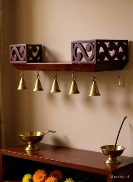 woodinzo woden wall temple with bells Wooden Wall Shelf MDF (Medium Density Fiber) Wall Shelf