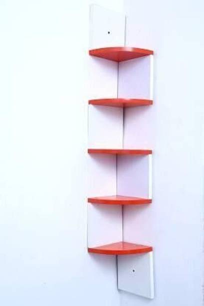 Hindwood wooden zigzag corner 5 shelf red,white Wooden Wall Shelf