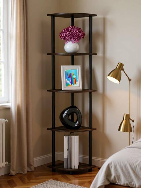 FLIPZON 5 Tier Freestanding Corner Display Rack Shelving Unit Wooden Wall Shelf