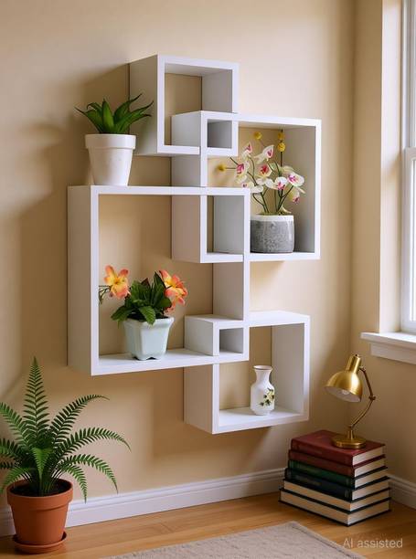 WOODENXDECOR Floating Shelves Intersecting Wall Mounted Wooden Wall Shelf