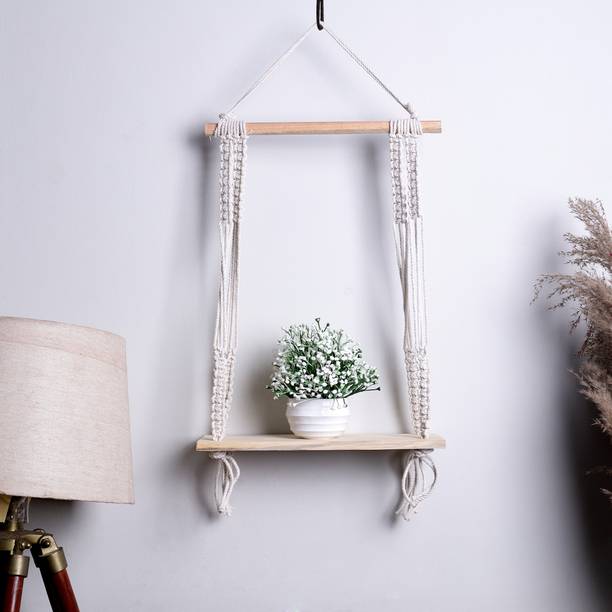 Akaar Indoor Macrame Hanging Wall Shelf with Wooden Dowel Wooden Wall Shelf