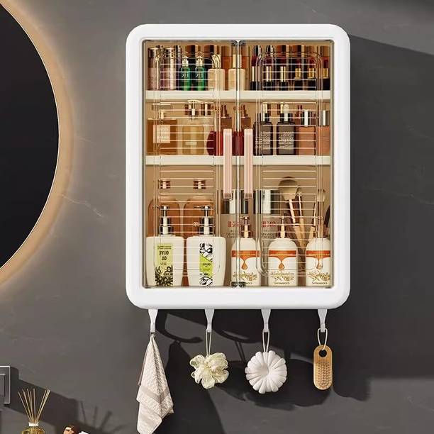 Shreejii Wall Mounted Bathroom Storage Cabinet with Transparent Doors & Hooks Plastic Wall Shelf