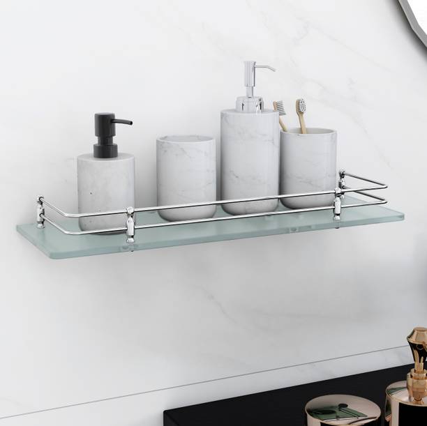 Garbnoire Multi-Purpose Wall Hung (Frosted) Glass Front Bathroom Shelf with Wall Brackets Storage Holder, 18 x 6 -inch - Pack of (1) Glass, Stainless Steel Wall Shelf