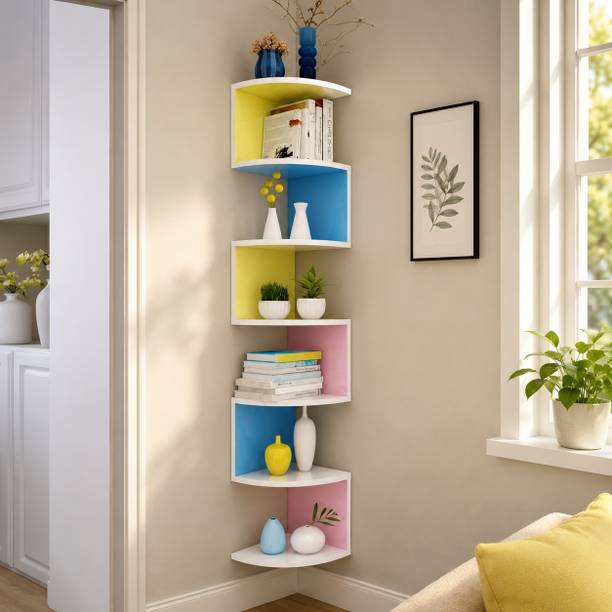 WallWonder Hanging Corner Shelves for Living Room, Floating Wall Mounted Multiclour 13 Wooden Wall Shelf