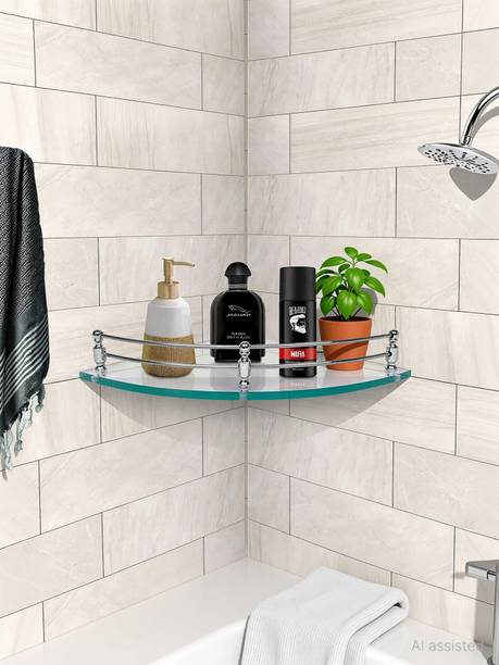 MOTIQO Clear Glass Corner Shelf For Bathroom, Kitchen Bathroom Accessories Pack-01 Glass Wall Shelf
