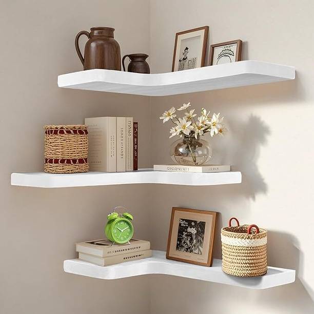 Hawari enterprises Set Of 3 Wooden MDF Wall Shelves L Shaped Corner For Home Decor Wooden Wall Shelf