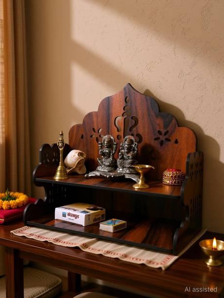 Gojeeva Premium Ganesh Ji Carved Pattern Devghar, Set-Top Box Stand Wooden Mandir Temple Wooden Wall Shelf