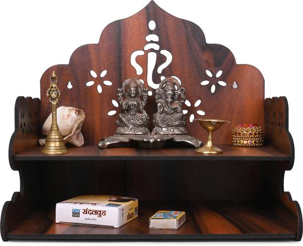Gojeeva Premium Ganesh Ji Carved Pattern Devghar, Set-Top Box Stand Wooden Mandir Temple Wooden Wall Shelf
